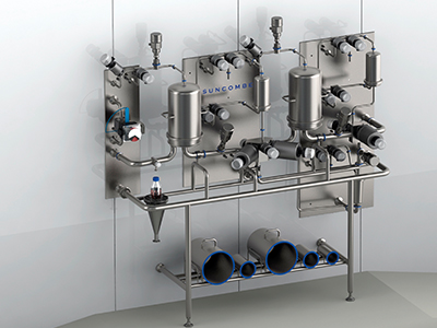 Cut of 3D model showing filter skid integrated with cleanroom panels