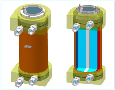 The external view of the cell, with internal views of the cell showing the central membrane (shown on the right)