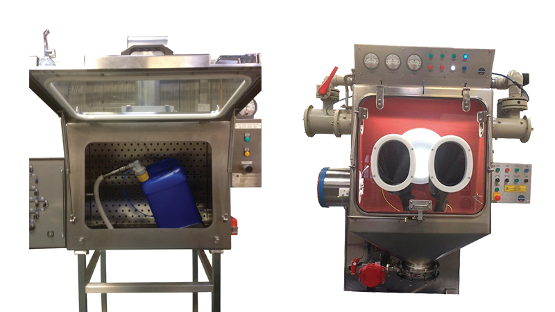 Left: Small scale liquid dosing system, Right: Isolator over a reactor vessel