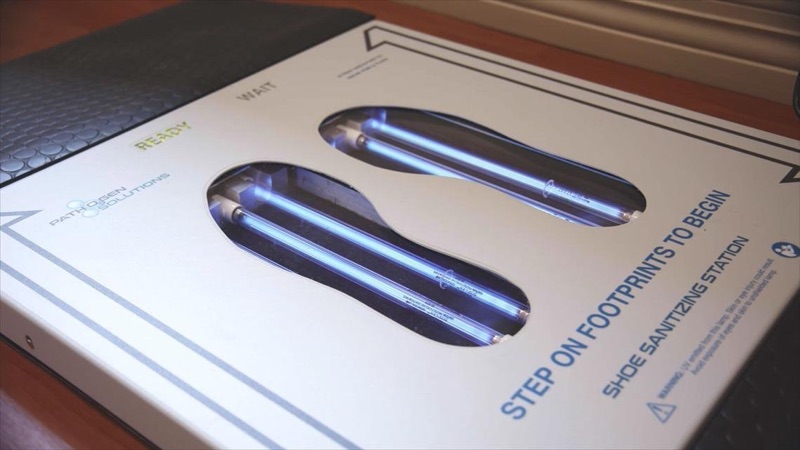 Patented technology built in PathO3Gen stations combines ozone and UVC <br>  to kill 99.9% of pathogens on the soles of shoes