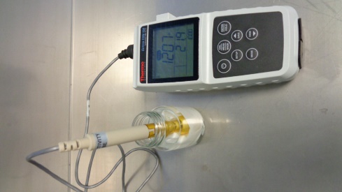 Picture 2: Photos of sample collection via wiping of the surface with a wetted wipe and subsequent measurement of the residues from the wipe in aqueous solution using a Conductivity meter