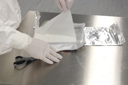 The innovative burstable pouch system preserves the integrity and efficacy of both the physical wipes and the sporicide or biocide solution until the pouch is activated at the point of use